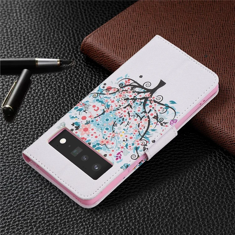 Capa de Carteira de Couro PU com Impressão de Padrão, Fecho Magnético, Proteção contra Choques, Suporte Dobrável para o Google Pixel 6 Pro - Árvore Floral