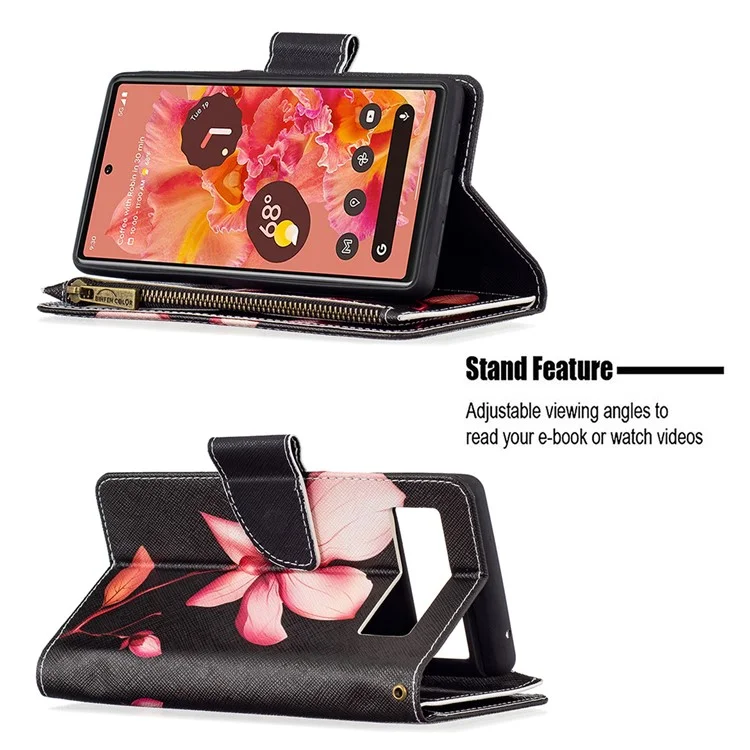 BF03 Impresión de Patrones PU Cuero de Cuero Case Folio Folio Flip Stand Cover With Strap Para Google Pixel 6 - Flor