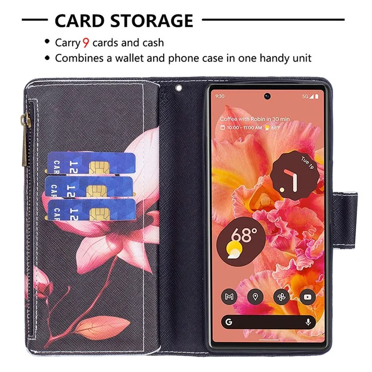 BF03 Impresión de Patrones PU Cuero de Cuero Case Folio Folio Flip Stand Cover With Strap Para Google Pixel 6 - Flor