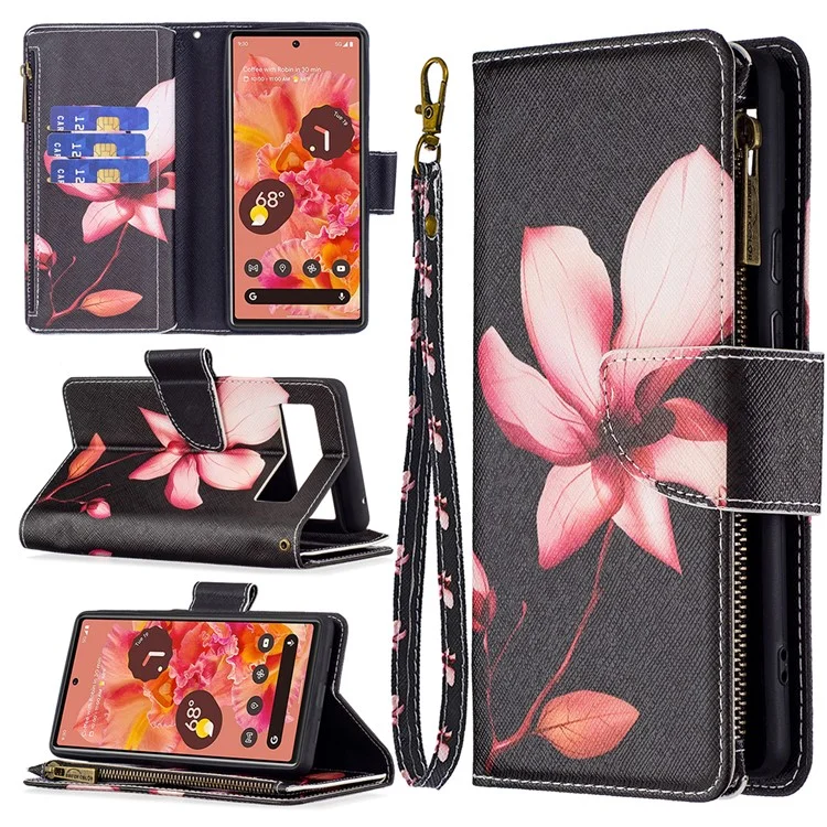BF03 Impresión de Patrones PU Cuero de Cuero Case Folio Folio Flip Stand Cover With Strap Para Google Pixel 6 - Flor