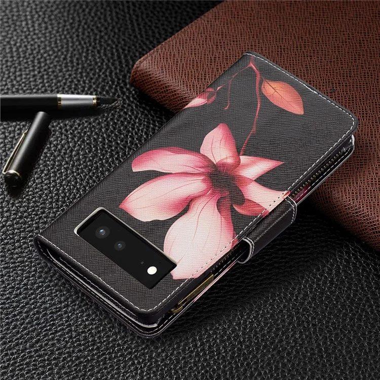 BF03 Impresión de Patrones PU Cuero de Cuero Case Folio Folio Flip Stand Cover With Strap Para Google Pixel 6 - Flor