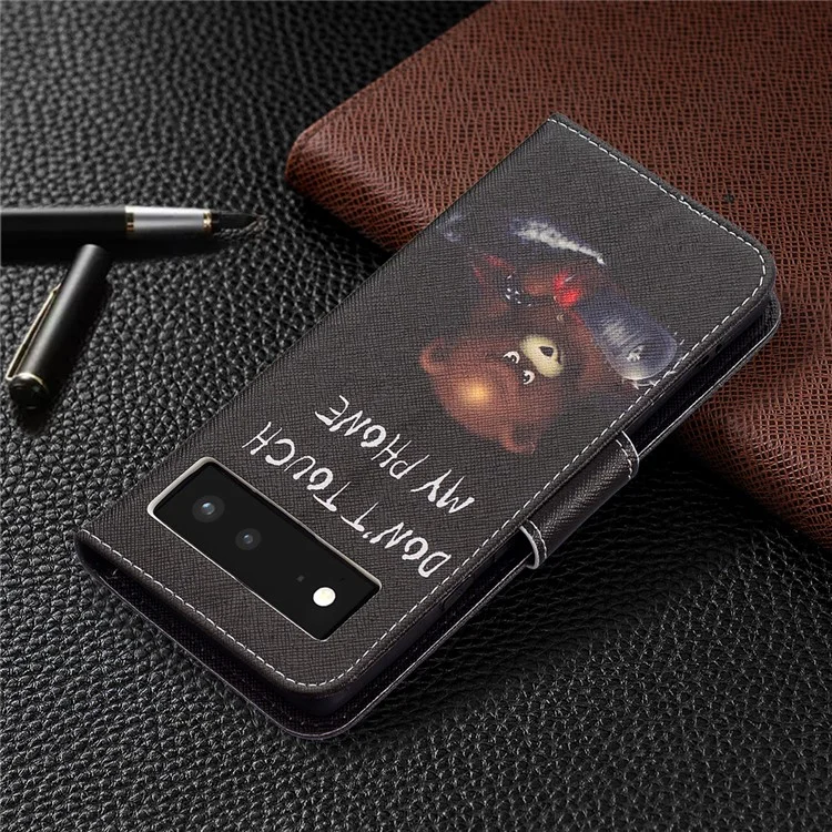 Печать с Образцом Кожаной Кожи Кожи Кожи Фолио -крышки Shockpereper Tpu Case Для Google Pixel 6 - Медведь