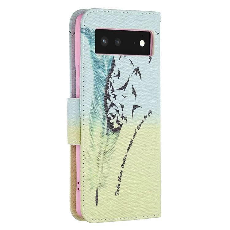 Печать с Образцом Кожаной Кожи Кожи Кожи Фолио -крышки Shockpereper Tpu Case Для Google Pixel 6 - Перо и Птицы