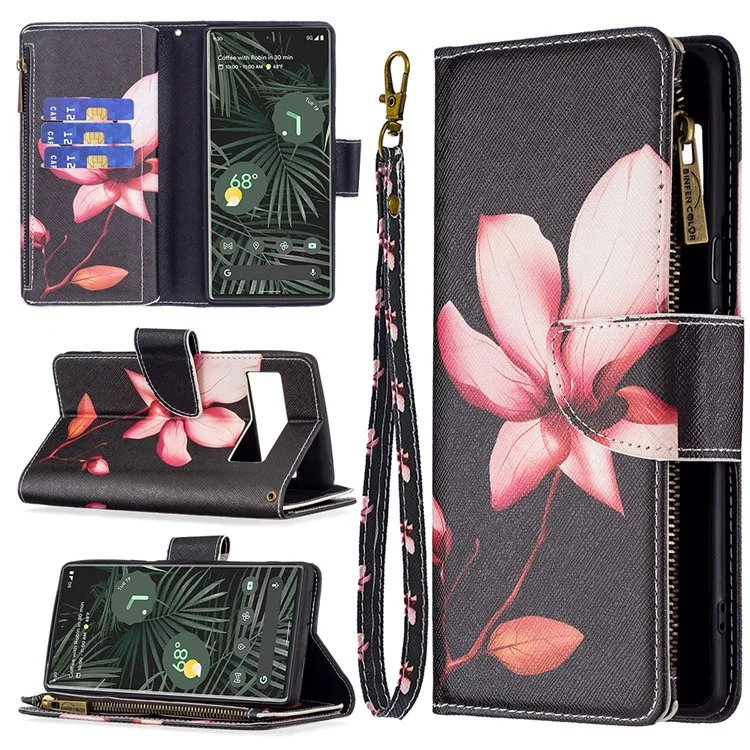 BF03 Stampa Motivano in Pelle PU Custodia Magnetica Con Cerniera Con Cerniera Coperchio Del Portafoglio a Flip Con Cinturino Per Google Pixel 6 Pro - Fiore