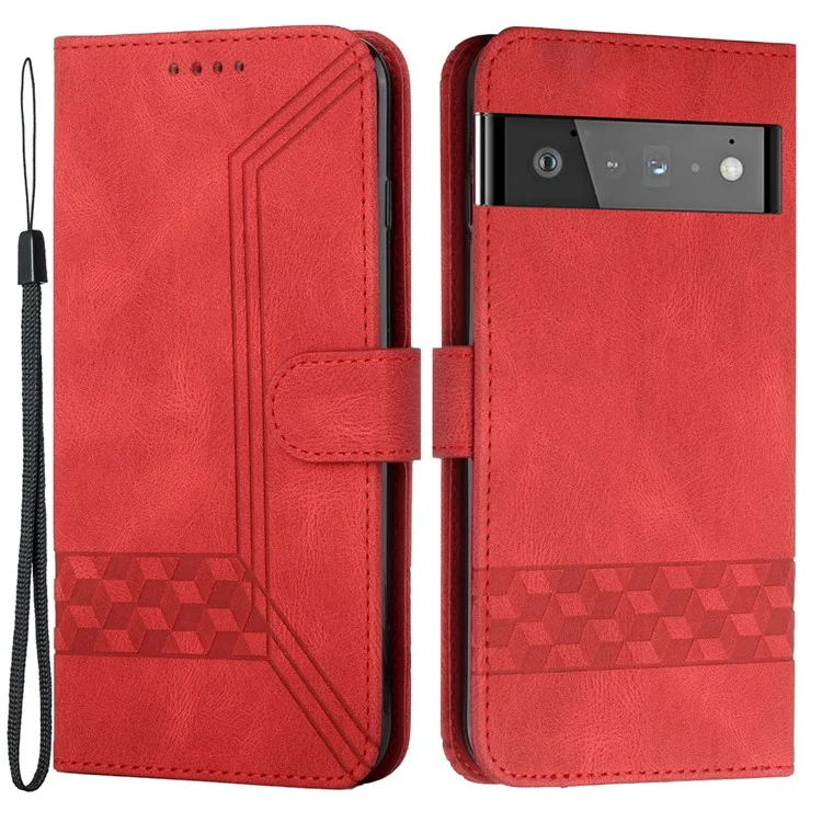 YX 0010 Leder Schutzhülle Aus Leder Für Google Pixel 6 Unterstützungsständer Wallet Feature Stoßfest Rhombus Und Linien Impresseln Haut-Touch Feel-Telefonschale - Rot