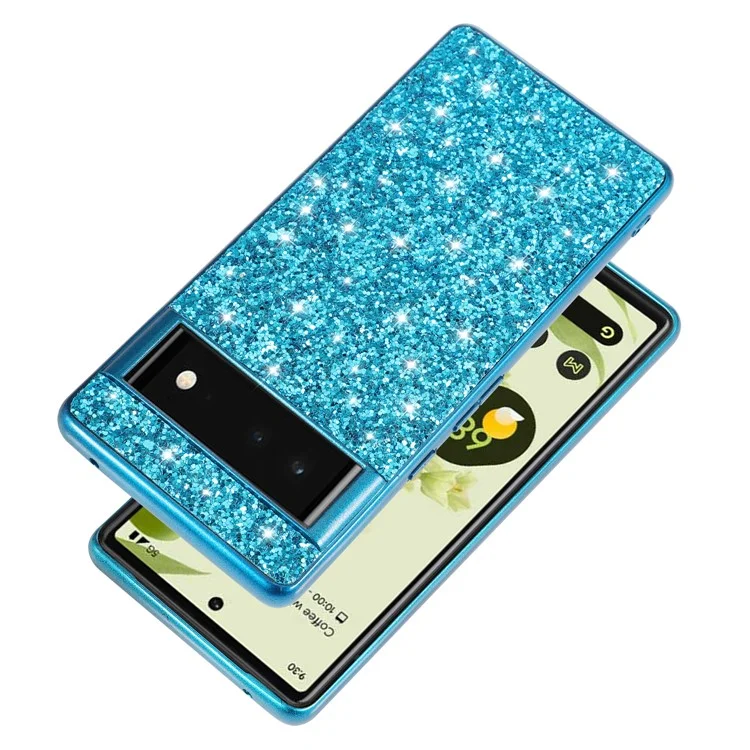 Glitter Sequins Electroplating Frame Soft TPU + Hard PC Well-protected Phone Case Cover for Google Pixel 6 - Blue