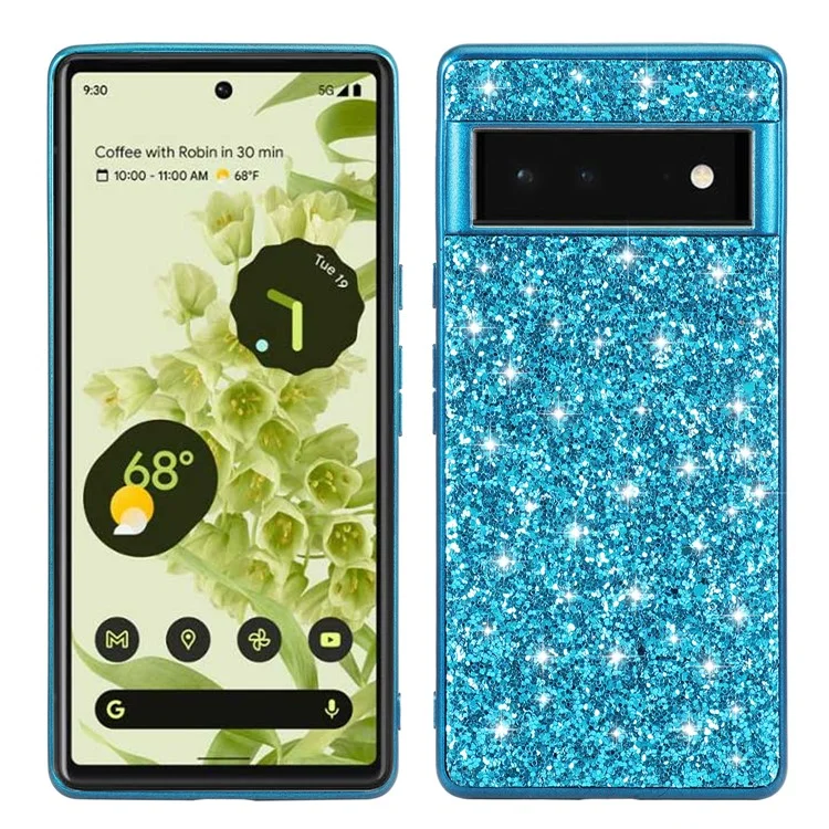 Funda híbrida para teléfono con panel trasero de PC duro y revestimiento de TPU con lentejuelas electrolíticas para Google Pixel 6 Pro - Azul