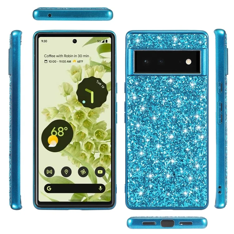 Funda híbrida para teléfono con panel trasero de PC duro y revestimiento de TPU con lentejuelas electrolíticas para Google Pixel 6 Pro - Azul
