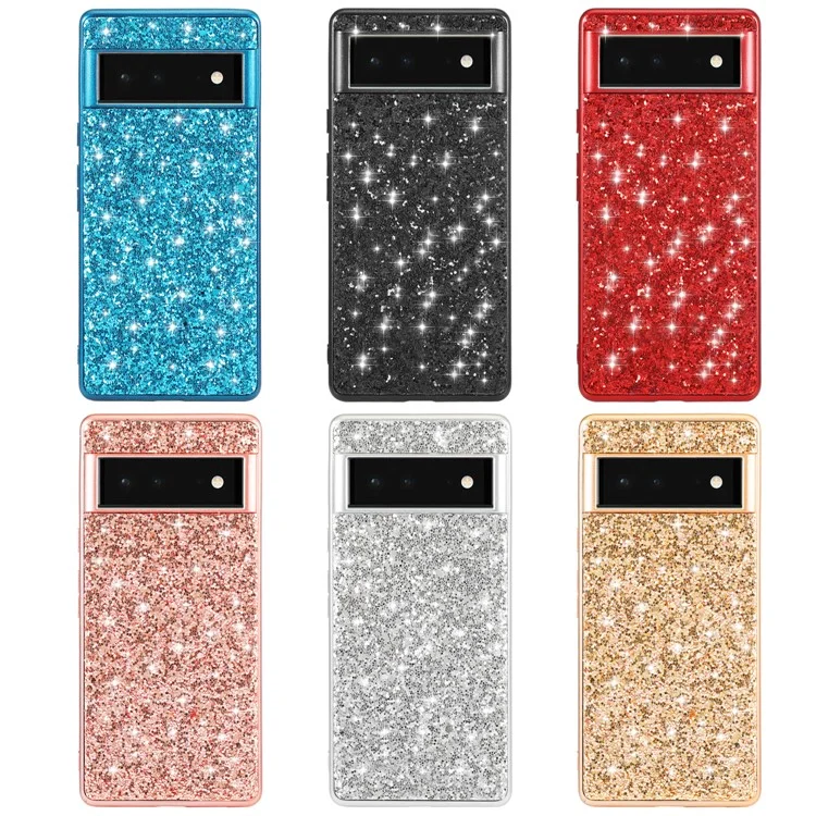 Funda híbrida para teléfono con panel trasero de PC duro y revestimiento de TPU con lentejuelas electrolíticas para Google Pixel 6 Pro - Azul
