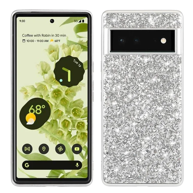 Glittrande elektropläterad TPU-bumper + hård PC-backplatta, hybridframsida till Google Pixel 6 Pro – Silver