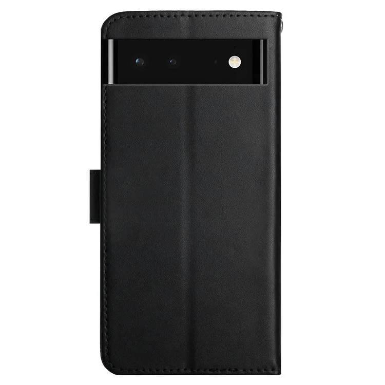 Nappa Texture Folio Flip Genuine Leather Phone Case Magnetic Closure Splash-proof Protection Stand Wallet Cover for Google Pixel 6 - Black