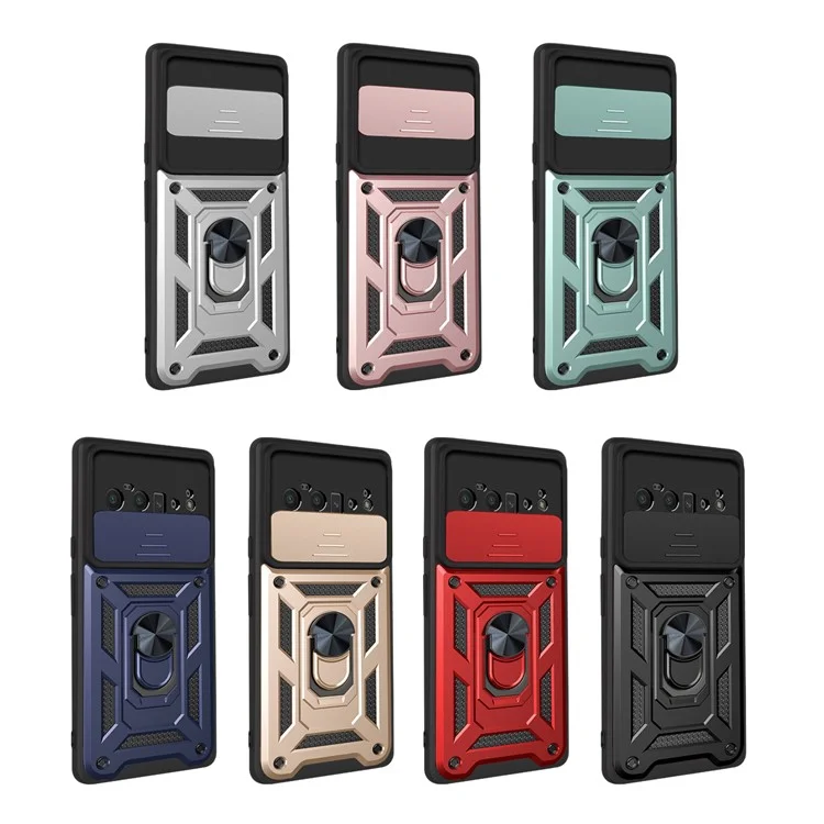 Ring Holder Kickstand Case Anti-scratch Camera Slide Cover Design PC + TPU Phone Shell Cover for Google Pixel 6 Pro - Black