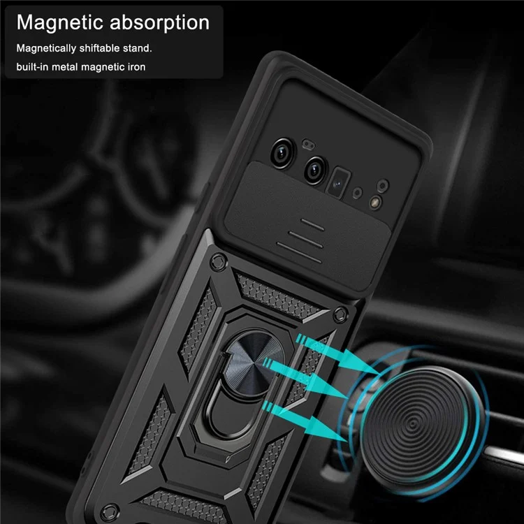 Ring Holder Kickstand Case Anti-scratch Camera Slide Cover Design PC + TPU Phone Shell Cover for Google Pixel 6 Pro - Black
