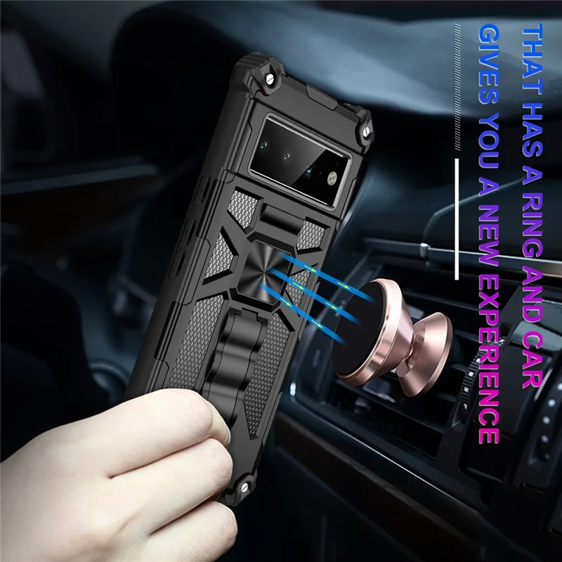 Hybrid Hard PC Soft TPU Shockproof Protective Case with Car Mount Kickstand for Google Pixel 6 Pro - Black