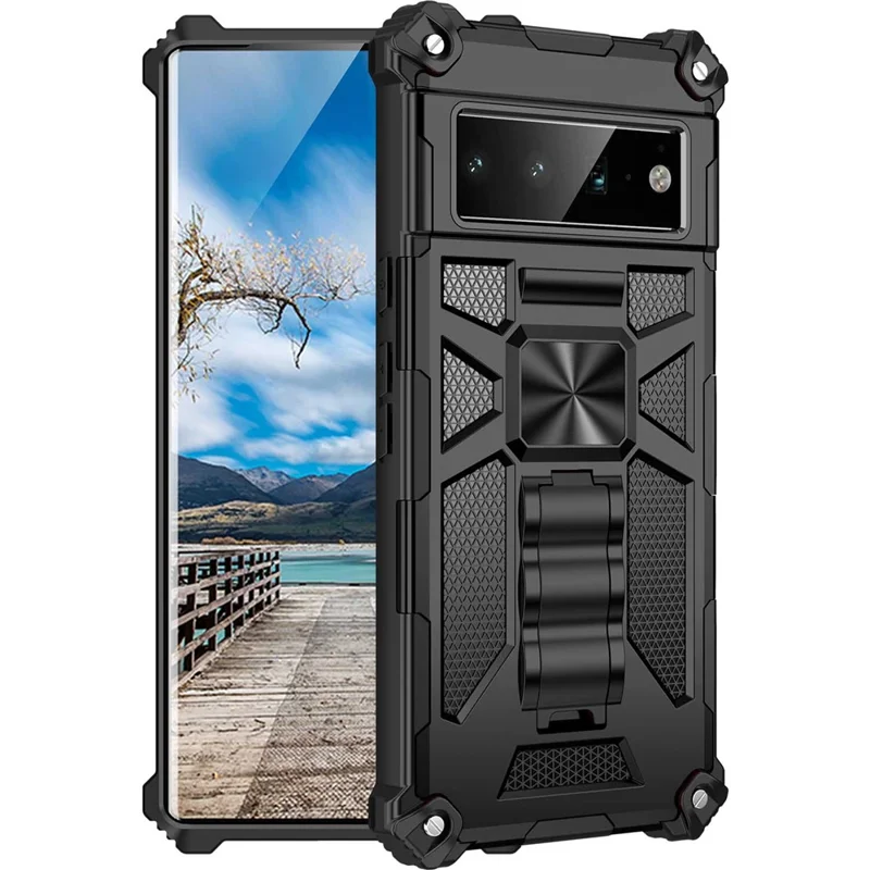 Hybrid Hard PC Soft TPU Shockproof Protective Case with Car Mount Kickstand for Google Pixel 6 Pro - Black