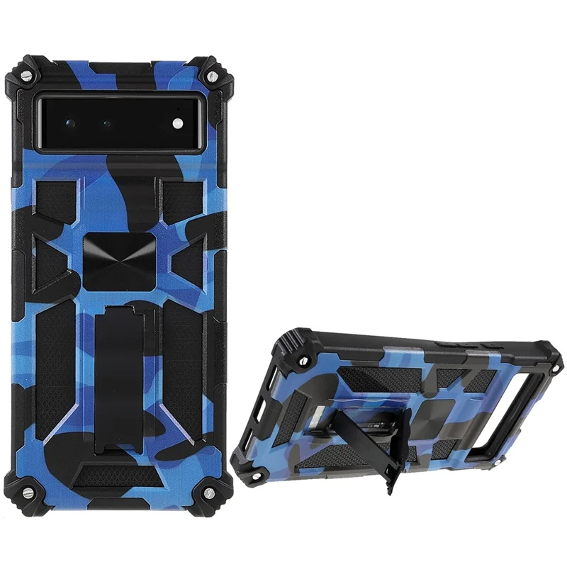 Camouflage Design Dual Layer Soft TPU Hard PC Protective Case with Kickstand for Google Pixel 6 - Dark Blue