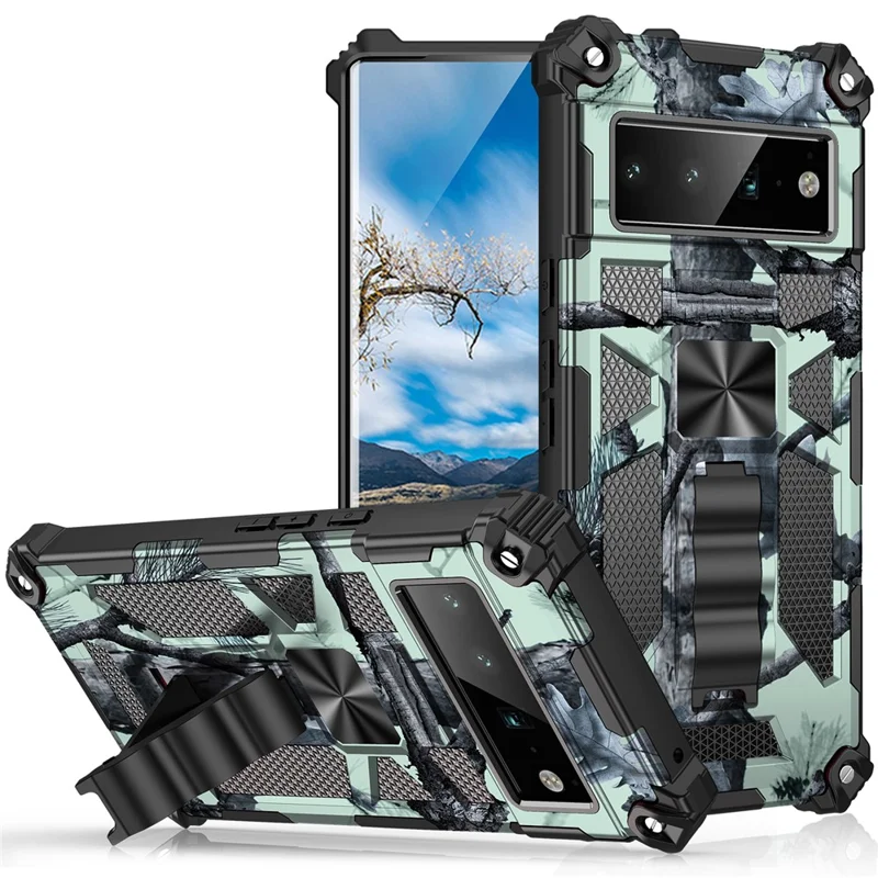 Camouflage-design PC + TPU, antiryst telefonbeskytter med støtte og indbygget metalskive til Google Pixel 6 Pro – mintgrøn