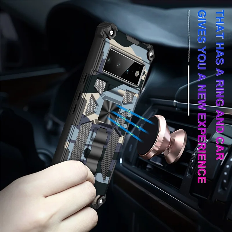 Camouflage-design PC + TPU, antiryst telefonbeskytter med støtte og indbygget metalskive til Google Pixel 6 Pro – mintgrøn