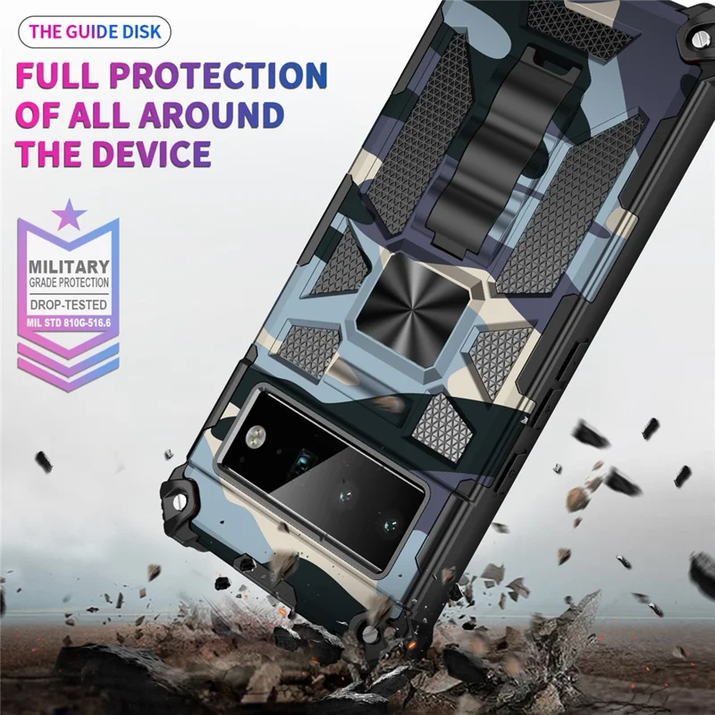 Camouflage-design PC + TPU, antiryst telefonbeskytter med støtte og indbygget metalskive til Google Pixel 6 Pro – mintgrøn