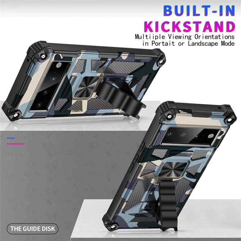 Camouflage-design PC + TPU, antiryst telefonbeskytter med støtte og indbygget metalskive til Google Pixel 6 Pro – mintgrøn