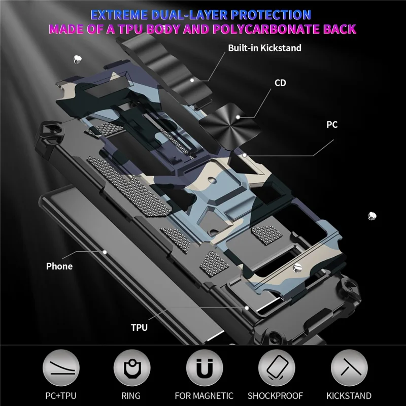 Camouflage-design PC + TPU, antiryst telefonbeskytter med støtte og indbygget metalskive til Google Pixel 6 Pro – mintgrøn