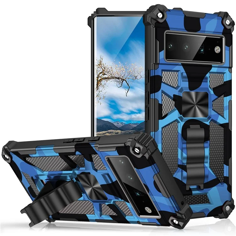 Custodia protettiva per telefono Camouflage Design PC + TPU con supporto kickstand per Google Pixel 6 Pro - Blu scuro