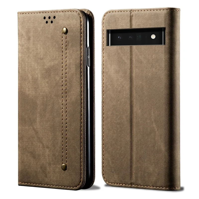 Leisure Style Jeans Cloth Texture Leather Case Folio Flip Magnetic Closure Wallet Stand Phone Shell for Google Pixel 6a - Khaki