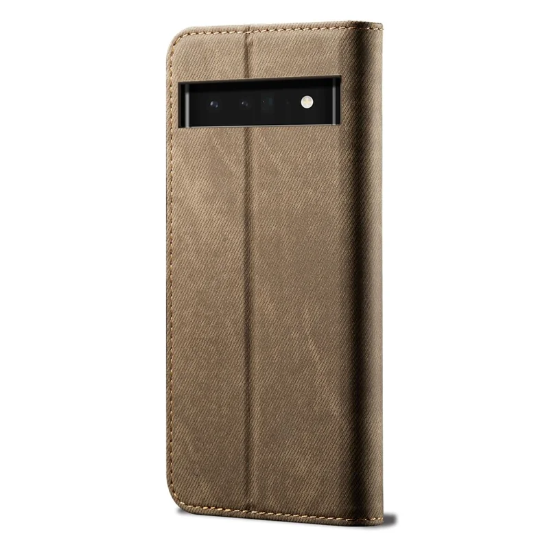 Leisure Style Jeans Cloth Texture Leather Case Folio Flip Magnetic Closure Wallet Stand Phone Shell for Google Pixel 6a - Khaki