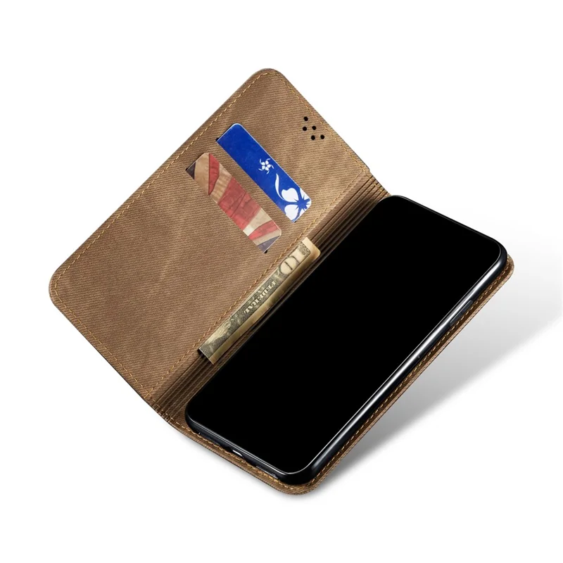 Leisure Style Jeans Cloth Texture Leather Case Folio Flip Magnetic Closure Wallet Stand Phone Shell for Google Pixel 6a - Khaki