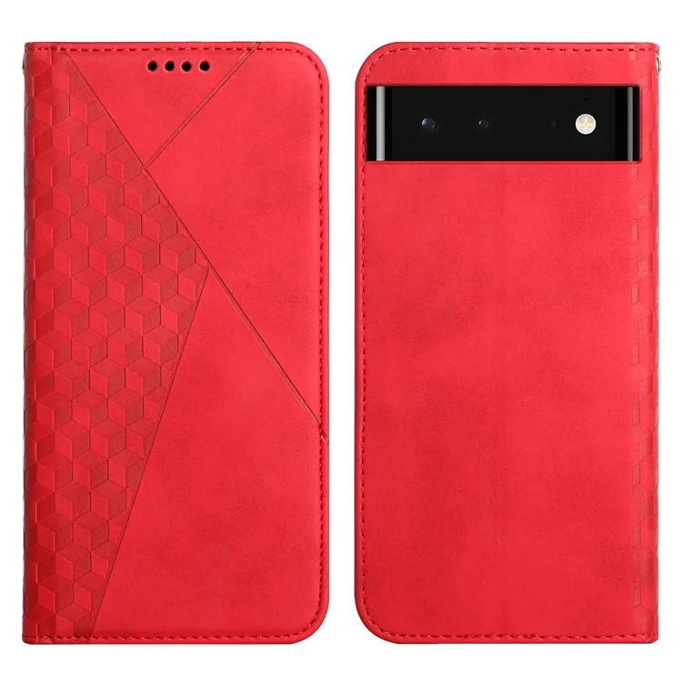 Skin-touch Rhombus Pattern Wallet Stand Design Anti-scratch Strong Magnetic Auto-absorbed Closure Leather Phone Case for Google Pixel 6 - Red