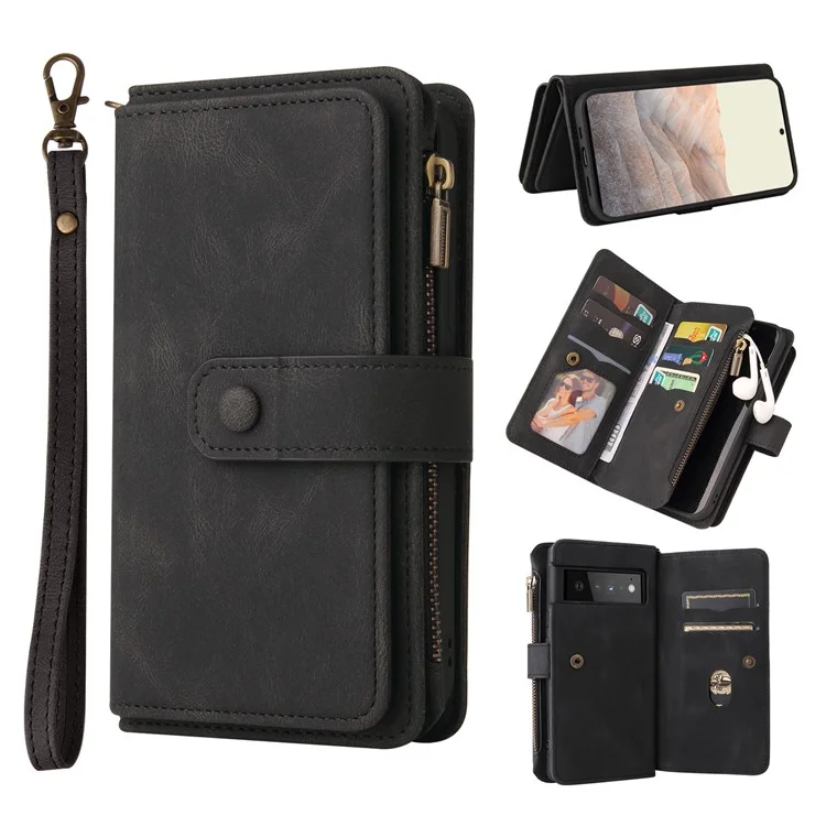 For Google Pixel 6 Pro Zipper Wallet Case with 15 Card Slots and Strap Leather Phone Cover - Black