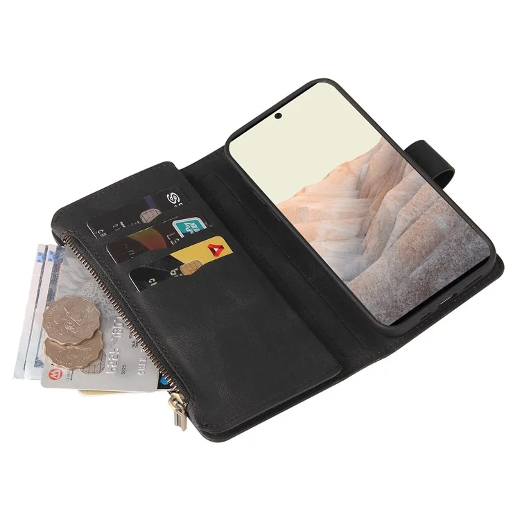 For Google Pixel 6 Pro Zipper Wallet Case with 15 Card Slots and Strap Leather Phone Cover - Black