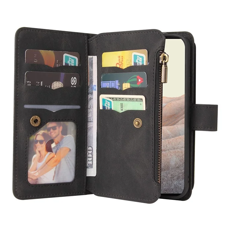 For Google Pixel 6 Pro Zipper Wallet Case with 15 Card Slots and Strap Leather Phone Cover - Black