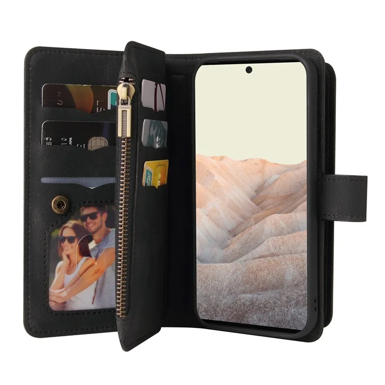 For Google Pixel 6 Pro Zipper Wallet Case with 15 Card Slots and Strap Leather Phone Cover - Black