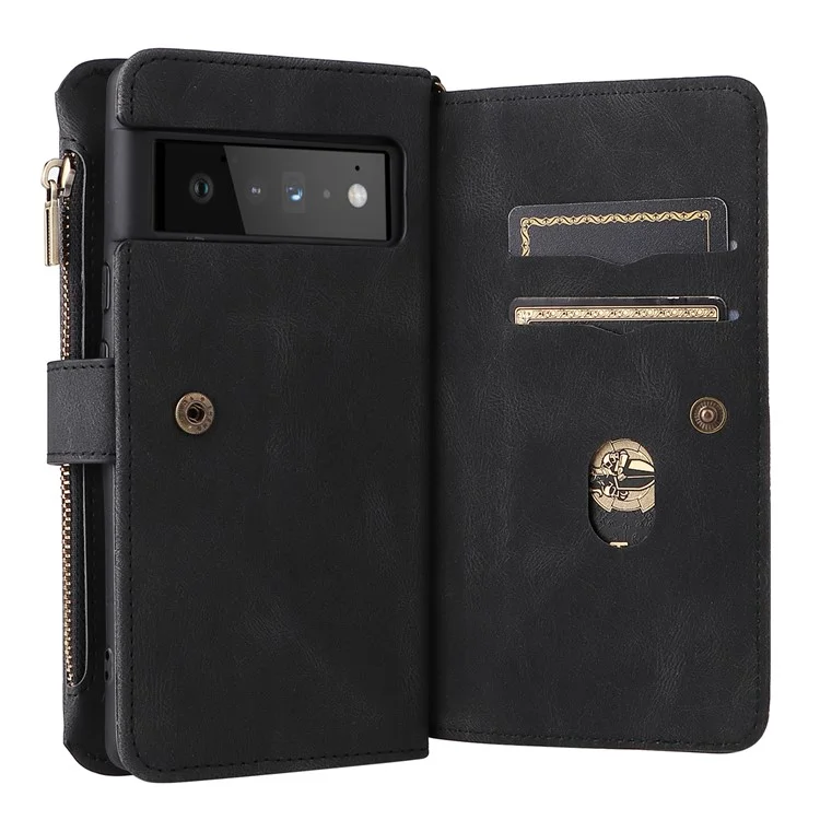For Google Pixel 6 Pro Zipper Wallet Case with 15 Card Slots and Strap Leather Phone Cover - Black