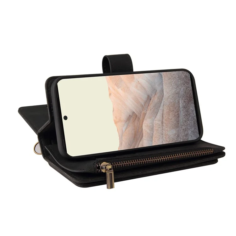 For Google Pixel 6 Pro Zipper Wallet Case with 15 Card Slots and Strap Leather Phone Cover - Black