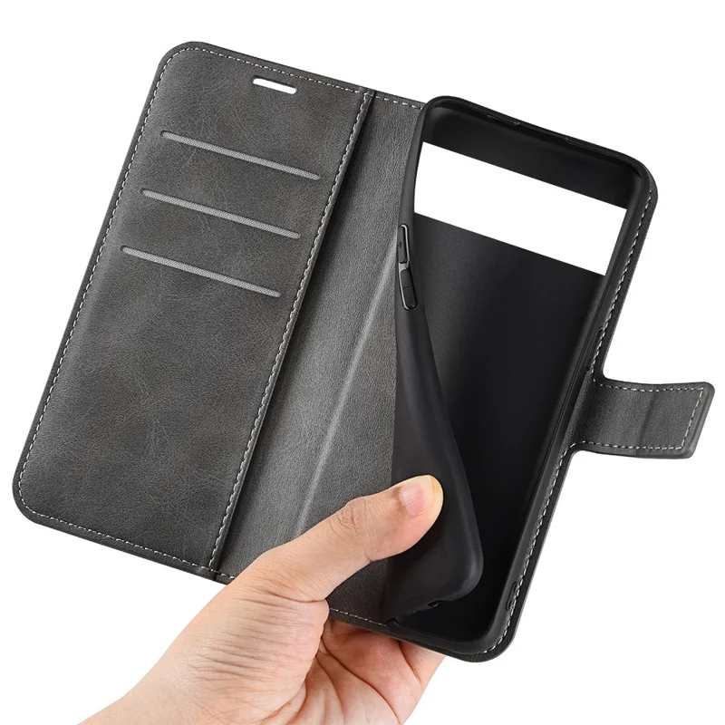 Magnetic Clasp Folio Flip PU Leather + TPU Phone Case Foldable Stand Shockproof Protective Cover for Google Pixel 6a - Grey