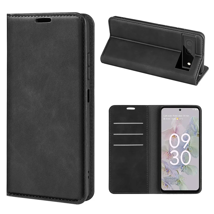 For Google Pixel 6a Wallet Design Mobile Phone Cover Shell TPU and PU Leather Phone Case with Supporting Stand - Black
