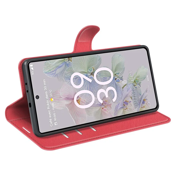 Fully Wrapped PU Leather Coated TPU Mobile Phone Case Litchi Texture Stand Wallet Flip Protective Phone Cover for Google Pixel 6a - Red