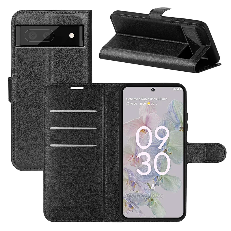 Fully Wrapped PU Leather Coated TPU Mobile Phone Case Litchi Texture Stand Wallet Flip Protective Phone Cover for Google Pixel 6a - Black