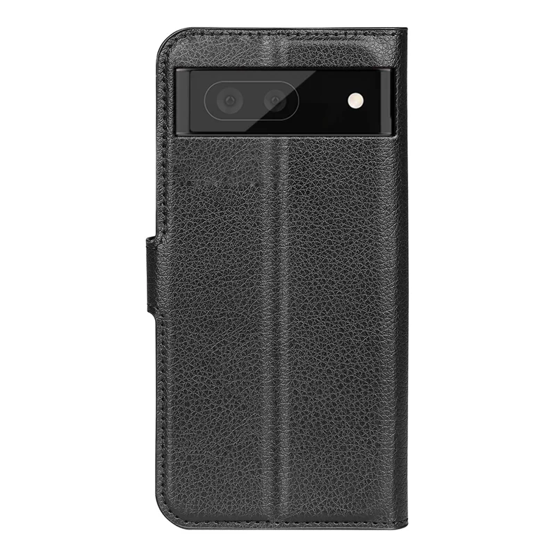 Fully Wrapped PU Leather Coated TPU Mobile Phone Case Litchi Texture Stand Wallet Flip Protective Phone Cover for Google Pixel 6a - Black