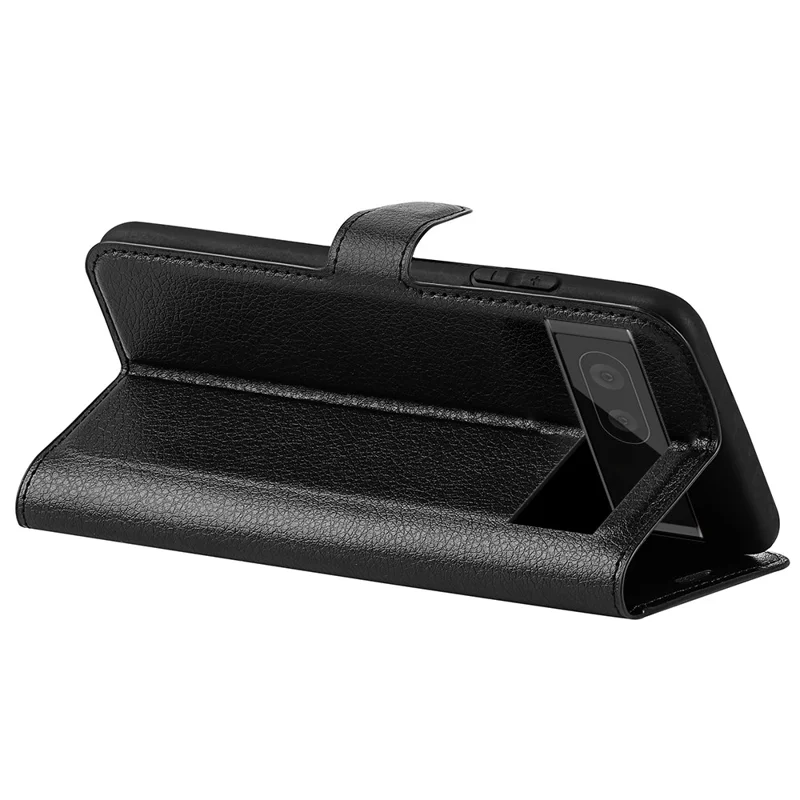 Fully Wrapped PU Leather Coated TPU Mobile Phone Case Litchi Texture Stand Wallet Flip Protective Phone Cover for Google Pixel 6a - Black