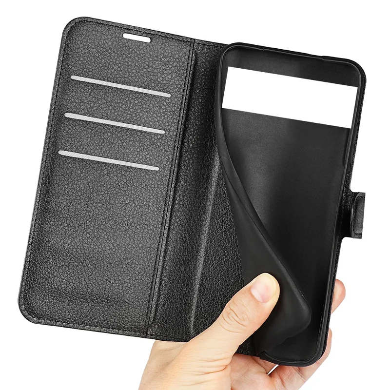 Fully Wrapped PU Leather Coated TPU Mobile Phone Case Litchi Texture Stand Wallet Flip Protective Phone Cover for Google Pixel 6a - Black
