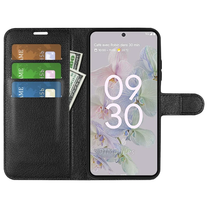 Fully Wrapped PU Leather Coated TPU Mobile Phone Case Litchi Texture Stand Wallet Flip Protective Phone Cover for Google Pixel 6a - Black