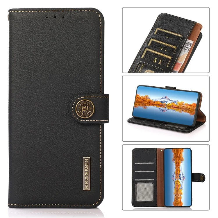 KHAZNEH Genuine Leather + TPU RFID Blocking Phone Case with Stand Wallet for Google Pixel 6a - Black