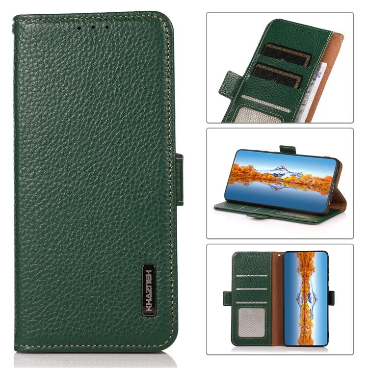 KHAZNEH Genuine Leather Litchi Texture Protective Cover RFID Blocking Phone Case for Google Pixel 6a - Green