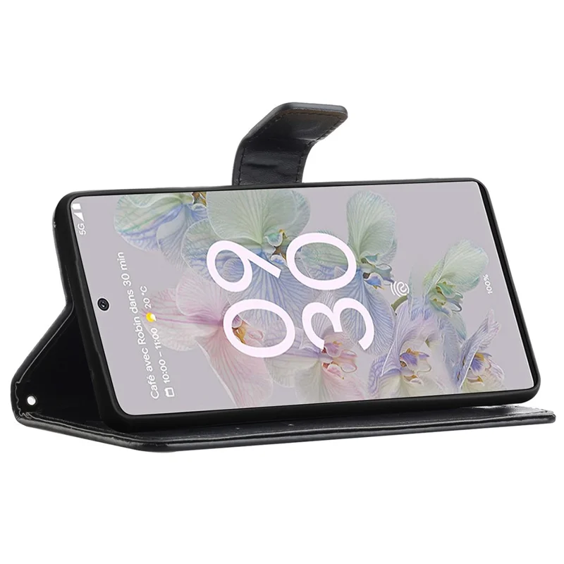 Anti-fall PU Leather Protective Phone Cover Imprinted Butterflies Flower Phone Case with Wallet Stand for Google Pixel 6a - Black