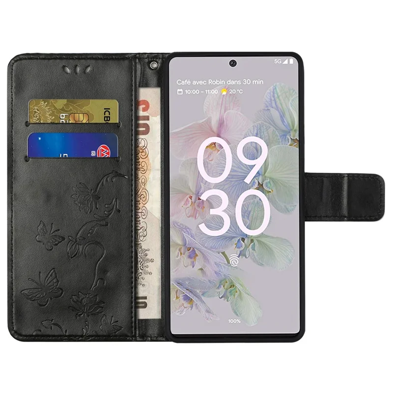 Anti-fall PU Leather Protective Phone Cover Imprinted Butterflies Flower Phone Case with Wallet Stand for Google Pixel 6a - Black