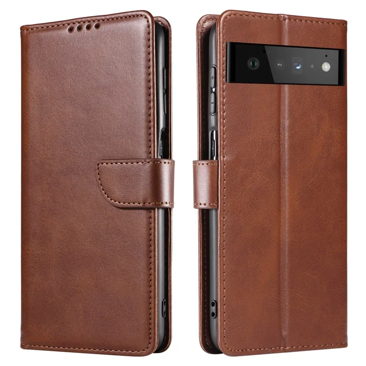 Folio Flip Magnetic Clasp Textured PU Leather + Soft TPU Phone Cover Case for Google Pixel 6 Pro - Brown