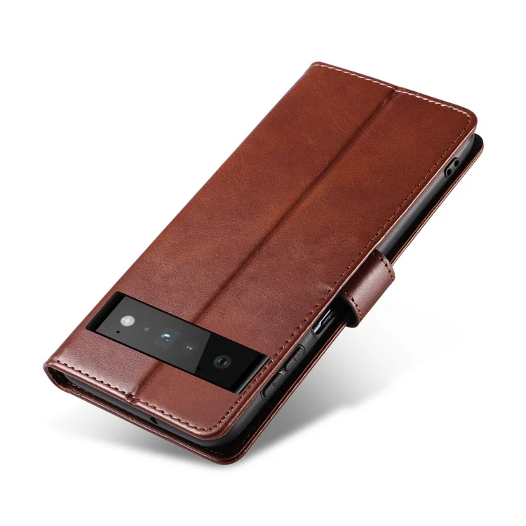 Folio Flip Magnetic Clasp Textured PU Leather + Soft TPU Phone Cover Case for Google Pixel 6 Pro - Brown